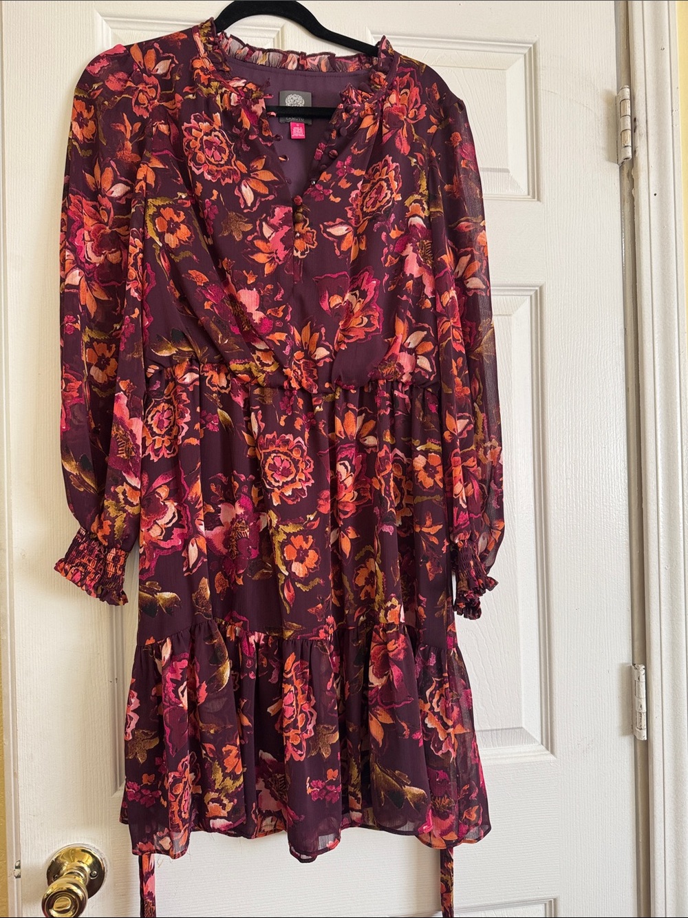 Vince Camuto Burgundy Floral Long-Sleeve Ruffle Dress